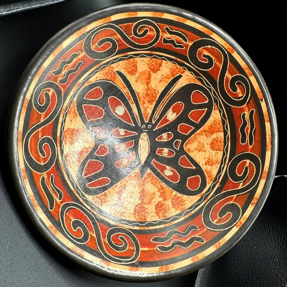 Hand Painted Tripod Bowl Butterfly Folk Art Terracotta Mexican Pottery Boho Vtg.